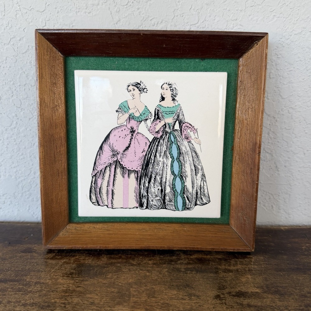 Vintage Napcoware 6.25X6.25 Ceramic Tile Wood Framed Wall Art Plaque Victorian